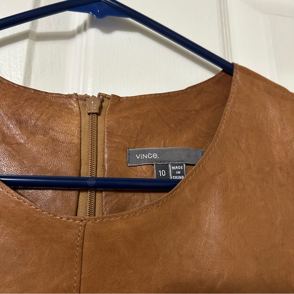 Vince Cognac Brown 100% Leather Mini Shift Dress Size 10 - Picture 4 of 16